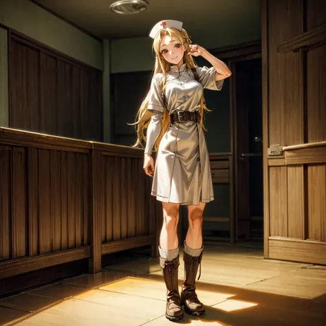 solo character, full body version, old girl, brown eyes, blonde color hair, long hair, nurse outfit, boots, indoor, hospital, me...