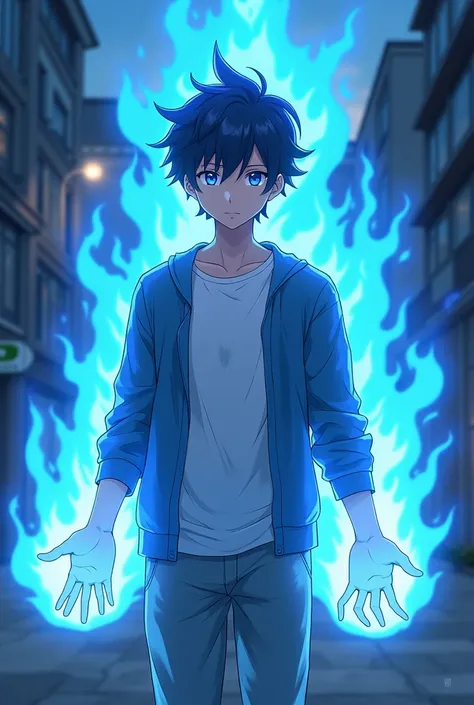 A 28-year-old young man who has blue eyes as well as his hair. He has a sweatshirt and a white t-shirt underneath., He also has some comfortable pants. Has a blue fire power, anime. 