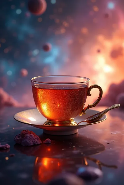 A luxurious tea spoon and a delicate tea cup set against a dazzling cosmic backdrop. The tea spoon, adorned with intricate patterns, and the finely crafted tea cup, filled with a rich, aromatic tea that shimmers like stardust, float gracefully in space. Th...