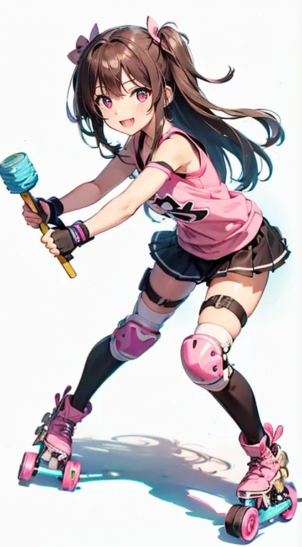 Highest quality、((Dark brown long hair、Two Side Up))、(((Pink Roller Blades、Knee and elbow protectors)))、Smiling cute girl、Cheerful pose、Round droopy eyes