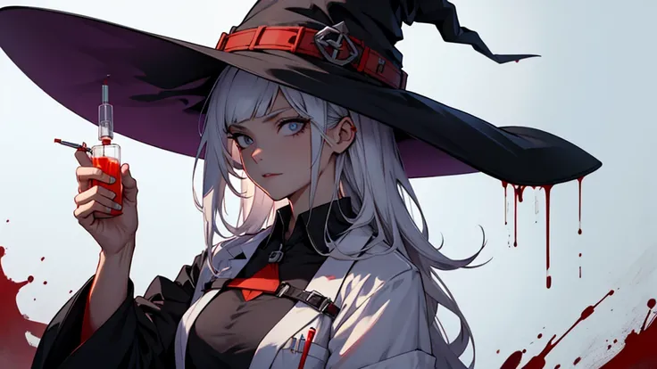 witch holding big medical syringe with blood and drinking blood from syringe