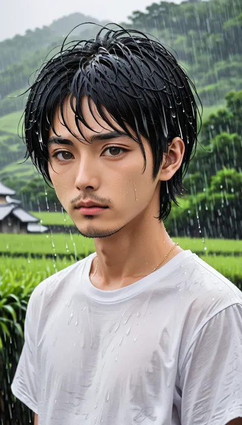 White T-shirt、male、24-years-old、background、Japanese、Black Hair、Bobcut、Upper Body、Close-up of face、rain、Japanese countryside。