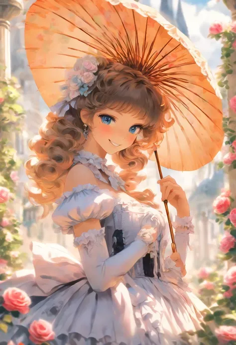 Gothic Lolita、Western Pavilion、parasol、smile、woman、Invite、Highest quality、Blue Rose Garden、Big Breasts、valley、Fantasy、Black and white dresses、Big Breasts、Chest、valley、