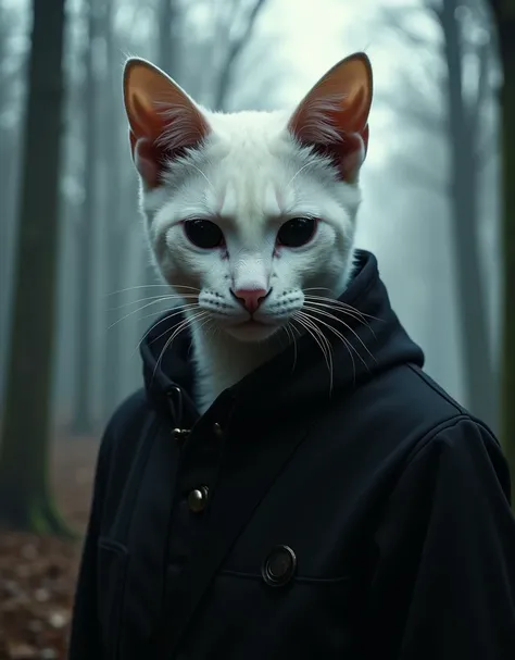 dark fantasy, White cat-man with completely black eyes and black clothes, dark forest and castle background