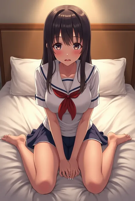 Hotel, on the bed, blushing, uniform, Japanese, high school student, legs spread, panties visible from under the skirt, panties are white, embarrassed, drowning in pleasure