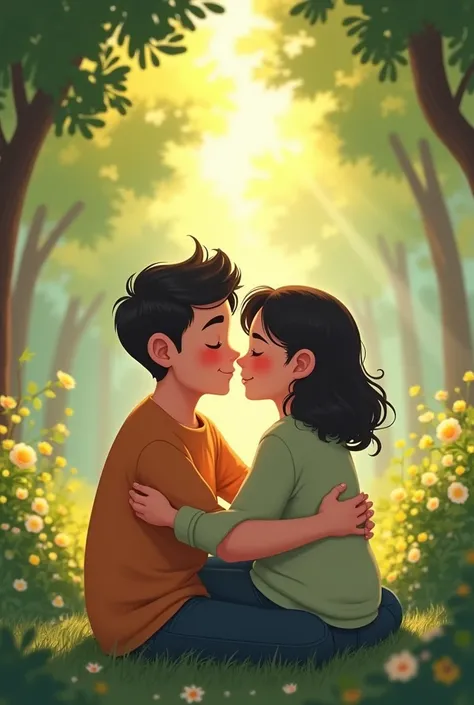 35 year old man dating 46 year old chubby Chinese woman, sitting side by side while hugging each other, background taman, animation