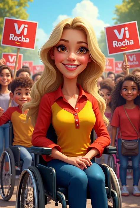 I am a wheelchair user, white, have brown eyes and long blond and dark hair and I am a candidate for councilor.. I would like you to create a caricature of a wheelchair user in front with a yellow and red blouse and happy and a crowd of happy men and women...