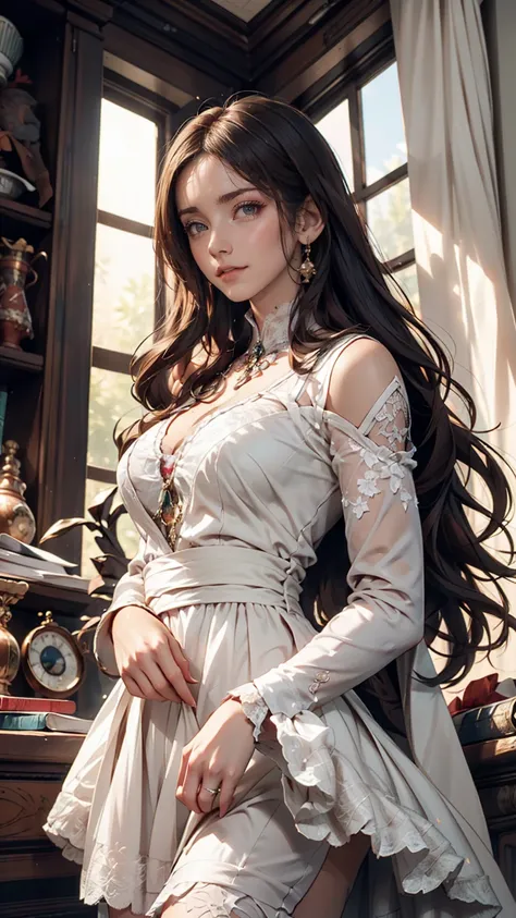 A girl in a white lace dress with Leonardo da Vinci&#39;s notes in the background、Image of À la Fed, A stunningly young and elegant person, Magical Girl Portrait, Portrait of a Young Witch girl, Girl in steampunk clothes, Musician girl in lace clothes, Nat...