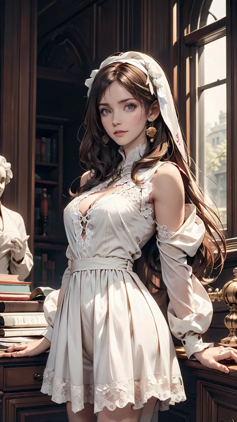 A girl in a white lace dress with Leonardo da Vinci&#39;s notes in the background、Image of À la Fed, A stunningly young and elegant person, Magical Girl Portrait, Portrait of a Young Witch girl, Girl in steampunk clothes, Musician girl in lace clothes, Nat...