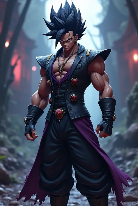 (photorealism:1.2), vegito,potara,muscular,tall,sayian,arrogant,cocky,playful,dragonball z,demon,king,demon king,dark fancy vest suit,dark purple and black clothes,fantasy goth