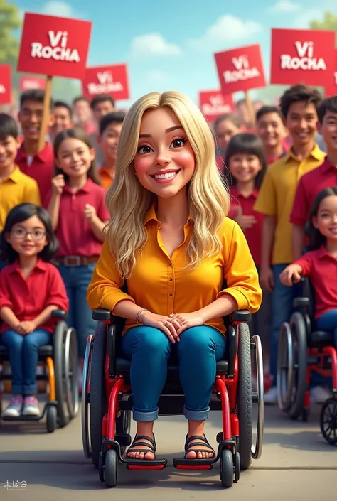 I am a wheelchair user, white, have brown eyes and long blond and dark hair and I am a candidate for councilor.. I would like you to create a caricature of a wheelchair user in front with a yellow and red blouse and happy and a crowd of happy men and women...