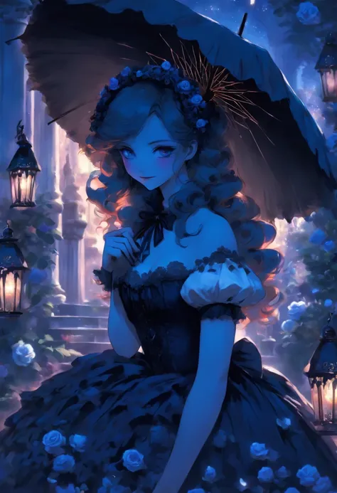 Gothic Lolita、Western Pavilion、parasol、smile、woman、Invite、Highest quality、Blue Rose Garden、Big Breasts、valley、Fantasy、Black and white dresses、Big Breasts、Chest、valley、vampire、Twilight、new moon、tooth