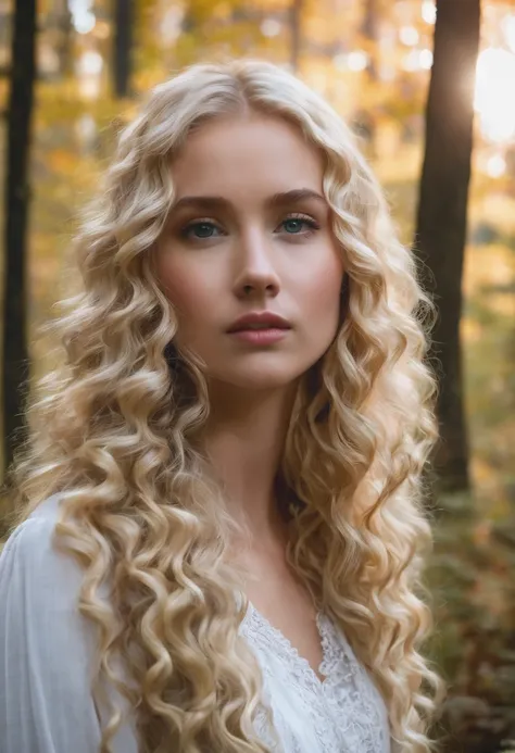 A woman with long blonde hair standing in a forest., curly blonde hair | long curly blonde hair, long curly fluffy blonde hair, long curly light blonde hair, beautiful green eyes beautiful blonde woman, curly blonde hair, curly blonde hair, Beautiful autum...