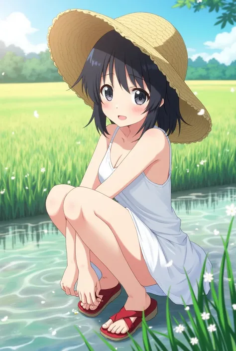 anime, smile, perfect anatomy, {1girl}, {loli}, boyish, black hair, very short hair, cropped hair, sunburn, White one-piece dress ,straw hat, Red sandals, white panties,squatting, summer sky, clear stream, Rural Japan, cinematic lighting, beautiful detaile...