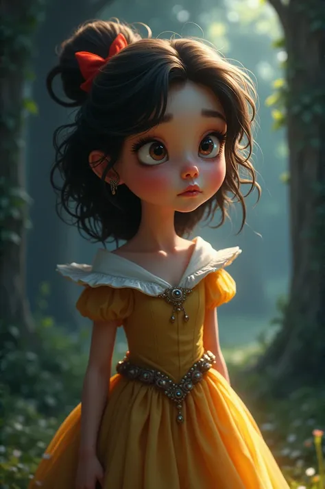 Create a full-body portrait of Princess Alice in The Tale of Snow White to capture a moment of deep contemplation. Her expression should be a mixture of curiosity and a hint of unease, as if she is deeply questioning reality and her place in it. Her large ...