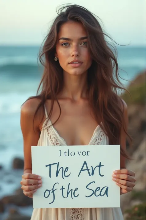 Beautiful girl with wavy long hair, bohemian dress, holding a white board with text "I Love Seaart Infinity" and showing it to the viewer