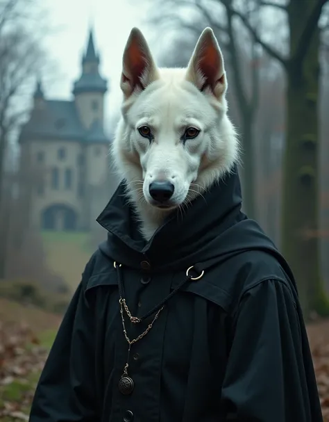 dark fantasy, White dog-man with completely black eyes and black clothes, castle and forest in the background