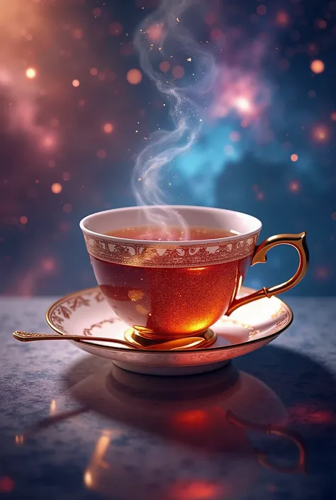 A luxurious tea spoon and a delicate tea cup set against a dazzling cosmic backdrop. The tea spoon, adorned with intricate patterns, and the finely crafted tea cup, filled with a rich, aromatic tea that shimmers like stardust, float gracefully in space. Th...