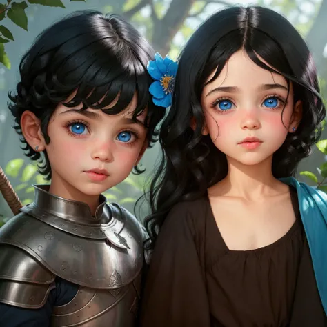  5 years old, blue colored eyes, black hair, gorgeous face, pink lips, cabelo caído grande Irmãos crianças lindas 5 years old, uma de black hair felizes, No meio da floresta, blue colored eyes claros, with twin brother, sons of a knight, medieval aspect.