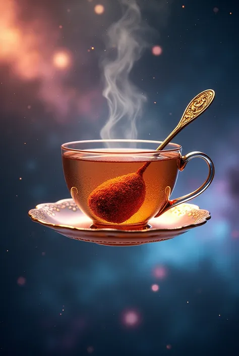 A luxurious tea spoon and a delicate tea cup set against a dazzling cosmic backdrop. The tea spoon, adorned with intricate patterns, and the finely crafted tea cup, filled with a rich, aromatic tea that shimmers like stardust, float gracefully in space. Th...