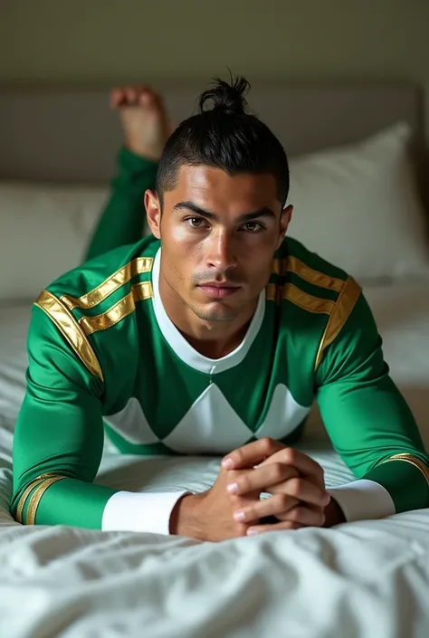 Cr7 traje del green ranger mighty morphin(without helmet) , lying on a bed, looking to the camera