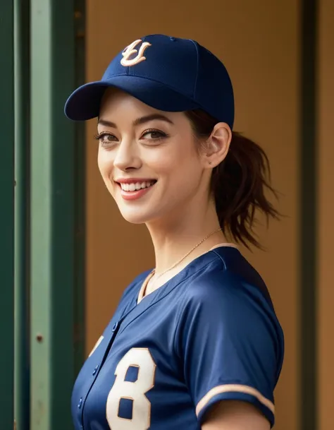 Quite a bit body, Realistic photograph of A gorgeous young asian girl in a fishnets baseball uniform outfit, beautiful long slender slimmed face Japanese girl, smiling, realistic human texture skinned, still from the film, (solo), ((Marion Cotillard: 0.9))...