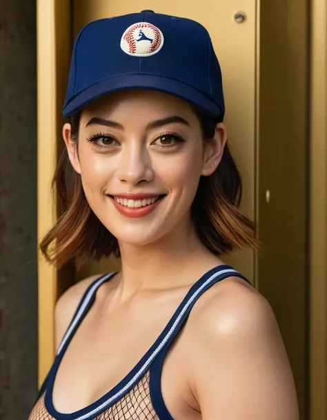 Quite a bit body, Realistic photograph of A gorgeous young asian girl in a fishnets baseball uniform outfit, beautiful long slender slimmed face Japanese girl, smiling, realistic human texture skinned, still from the film, (solo), ((Marion Cotillard: 0.9))...