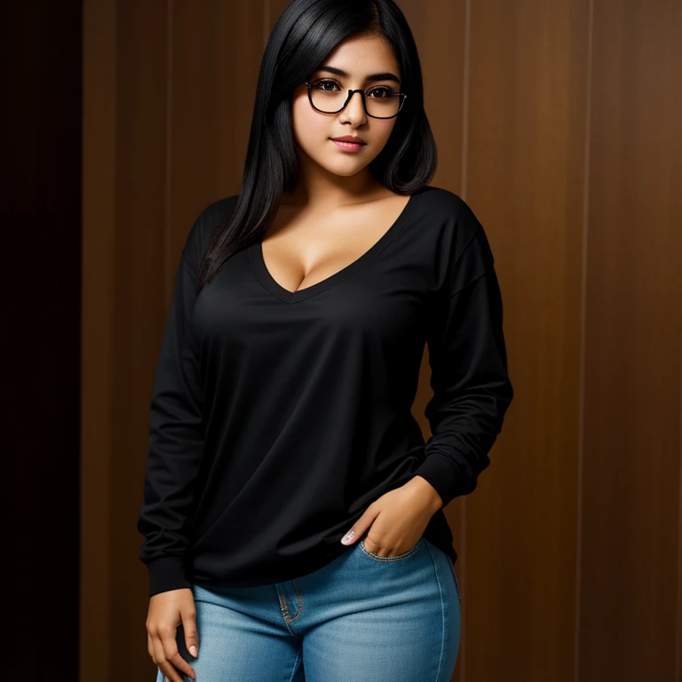 beautiful detailed, cute face, short, mexican teen, medium black hair, black hair over one eye, glasses, long-sleeved tucked in v neck T-shirt, long pants, solo, voluptuous breasts, full body photo,