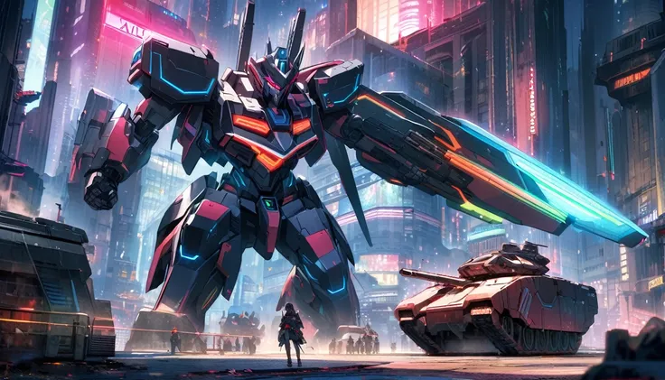 A transformer stands next to a heavily armored Cybertronian Tank, sci fi city scape with lots of neon trim
