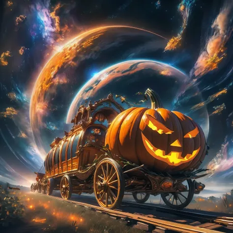 Pumpkin carriage、Pumpkin carriage in a sci-fi world、Pumpkin carriageのような形の宇宙船、Pumpkin carriage moving through space、universe space、Warp Navigation、Long Exposure、