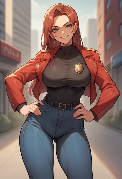 A close-up of a woman with a black long hair in a red jacket, black shirt under it, tight blue jeans, city background, tower; gun and police badge; smile, natural breast; hands on hips; thick thighs; blurry background; sharp focus; highly detailed; profess...