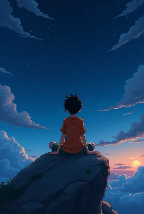 Monkey D Luffy Wano, On top of a big stone, Gazing at the horizon, Orange clothes, Night sky and starry sky,