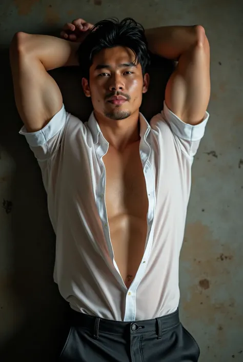 Asian man(korean,vietnamese,chinese,Japanese), 30 years old, Handsome and elegant,beardless, Wearing a  transparent shirt, sexy , Masculine and handsome，musculous，Muscles look good，hairy bodies, with fair skin,, Full body photo,(ultra-detailed, photorealis...