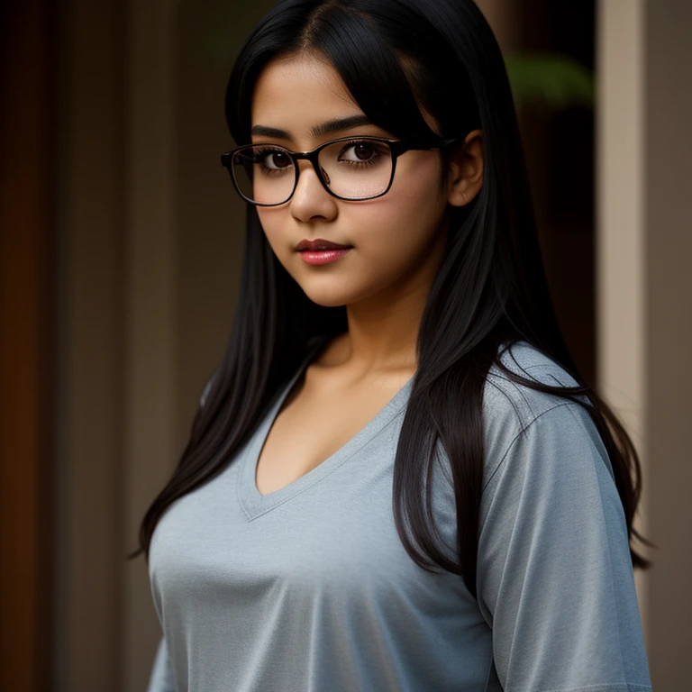 beautiful detailed, cute face, short, mexican teen, medium black hair, black hair over one eye, glasses, long-sleeved tucked in v neck T-shirt, long pants, solo, voluptuous breasts, full body photo,