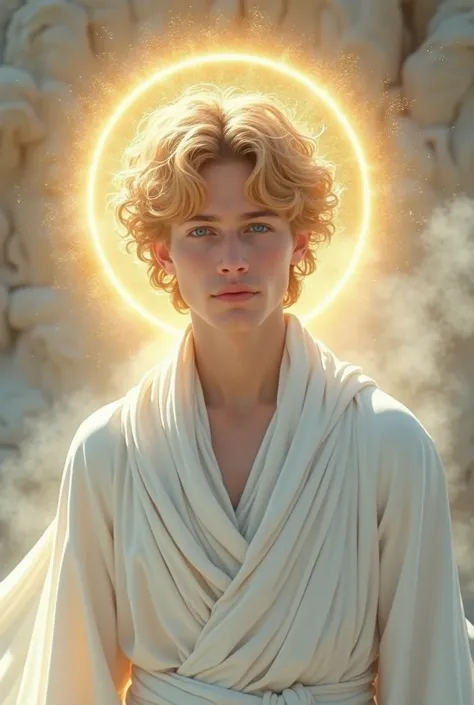 18 year old man, White skin, with blonde curly hair, Blue-eyed, with a white robe and a golden aura on his head.