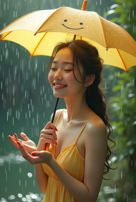 A beautiful women in rain with umbrella , smiley face, catching rain drops in her hands