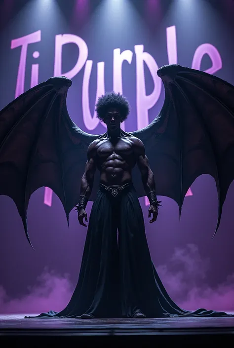 An afro male with huge evil wings performing on stage, with the word Tj Purple boldly written on the background and front in horror text style