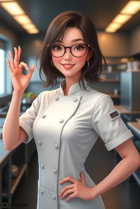 A female chef with glasses and hand sign okay