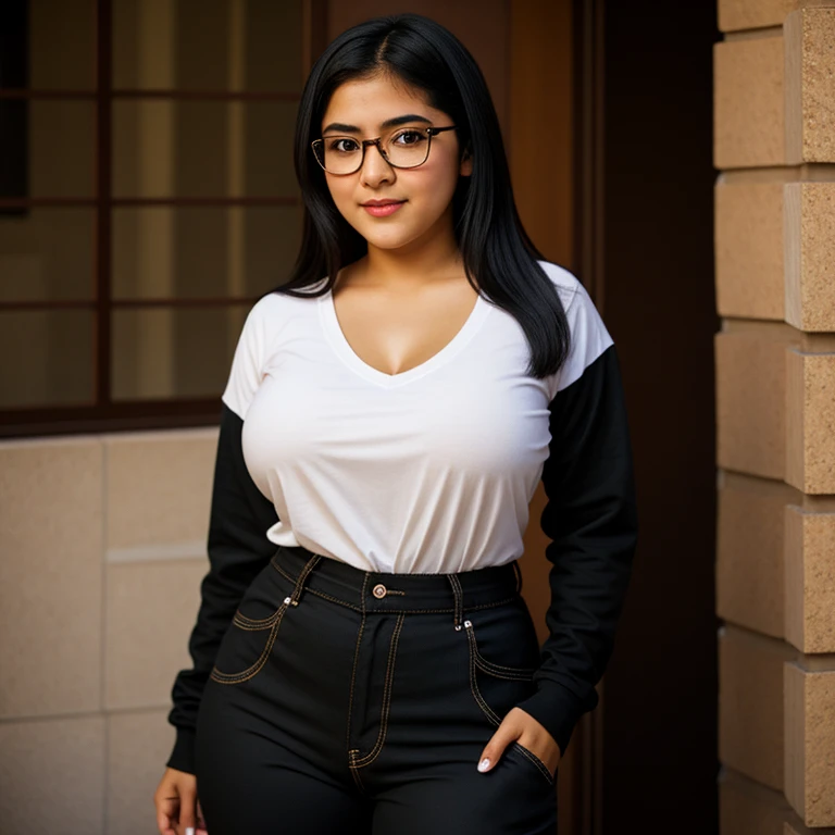 beautiful detailed, cute face, short, mexican teen, medium black hair, black hair over one eye, glasses, long-sleeved tucked in v neck T-shirt, long pants, solo, voluptuous breasts, full body photo,