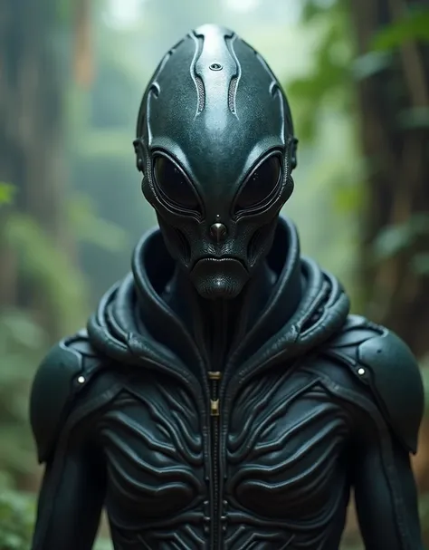 Alien man with completely dark eyes, futuristic suit, an alien bosque from the bottom