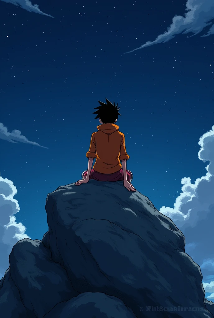 Monkey D Luffy Wano, On top of a big stone, Gazing at the horizon, Orange clothes, Night sky and starry sky, Bright stars in the sky,Facing forward