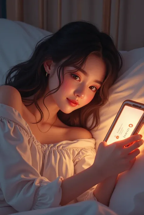 A beautiful girl lying on the bed pressing phone smiling and a text from her boyfriend called ademi❤️ telling her I love you on the screen. I want the text to show along side the sender’s name which is ademi❤️