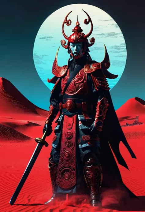 The Warlord, cyberpunk samurai warrior, Red Desert Geisha, dark and moody, by Karel Thole and Mike Mignola --ar 2:3, vaporwave