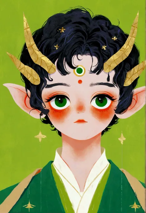 Japanese Anime，Second dimension，Horror style，horror character，(((Three-eyed boy，solo，The third eye on the forehead，Dark eyeshadow，White short hair，Elf ears，Green Skin，Exaggerated golden crown-eyeball decoration))),(((Japanese clothing))).(((Thin waist，Gree...