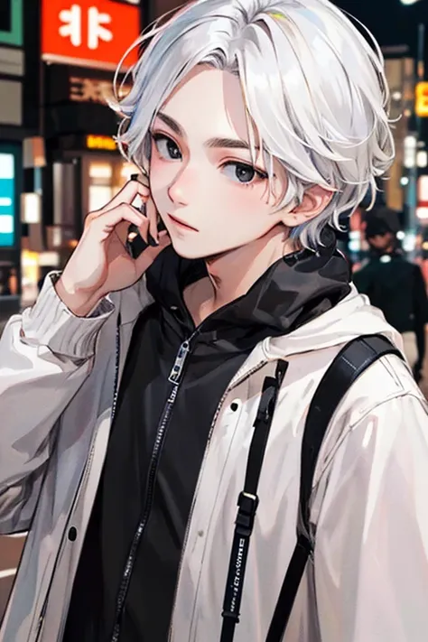 ((masterpiece)), (((best quality))), chromatic lighting,
colorized, white + black limited color palette, 
detailed concept drawing,
Shibuya street fashion guy, no weird object on his face,
portrait, 20yo 1guy, slender, wide pants, short white hair, black e...