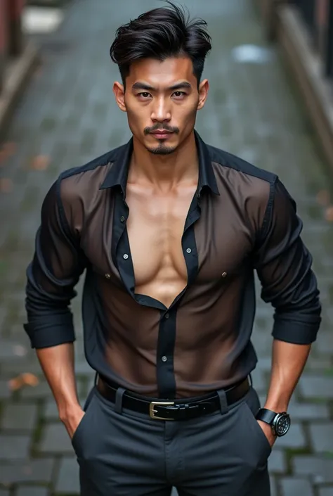 Asian man(korean,vietnamese,chinese,Japanese), 30 years old, Handsome and elegant,beardless, Wearing a  transparent shirt, sexy , Masculine and handsome，musculous，Muscles look good，hairy bodies, with fair skin,, Full body photo,(ultra-detailed, photorealis...