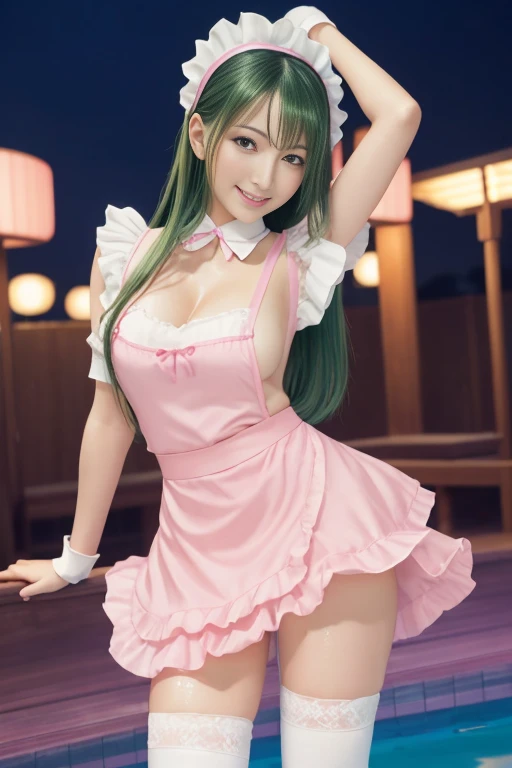 One Girl, (((45 years old Japanese mature maid 1.5))), alone, ((long dark green hair 1.4)), ((Sweaty 1.5)),((Shiny skin 1.4))，((Thighs)),  Adult sex appeal, ((Pink miniskirt maid outfit 1.5))，((Knee-high socks 1.4)),whole body, bangs, Realistic,((Small Bre...