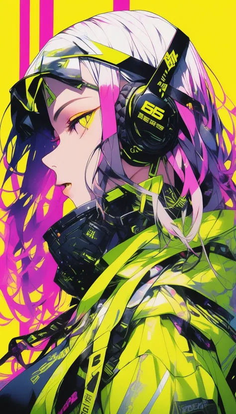 (insanely detailed), (best quality), (masterpiece:1.3), (Hyper realistic), illustration, anime, lip, cyberpunk wear, neon hair, yellow gradient Background, cinematic composition, dynamic angle, perfect lighting