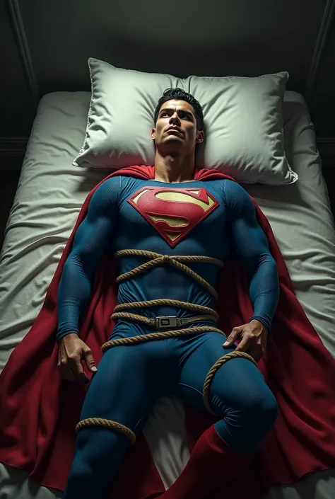 Cr7, superman suit lying and tied to a bed 