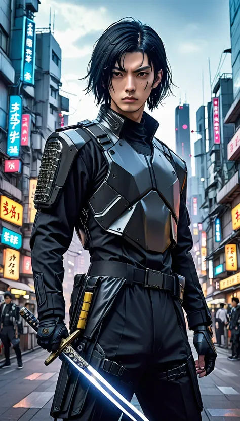 cyber suit、combat uniform、male、24-years-old、background、japanese、black hair、bobcut、upper body、close-up of face、cyber punk、holding...